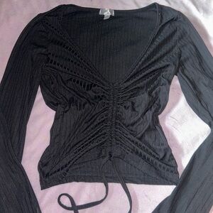Chic Black Ruched V-Neck Long Sleeve Top